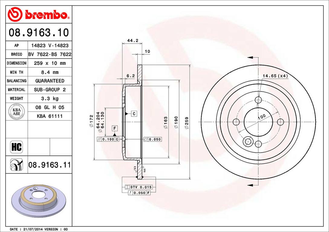 Mini Disc Brake Pad and Rotor Kit - Rear (259mm) (Ceramic) Brembo