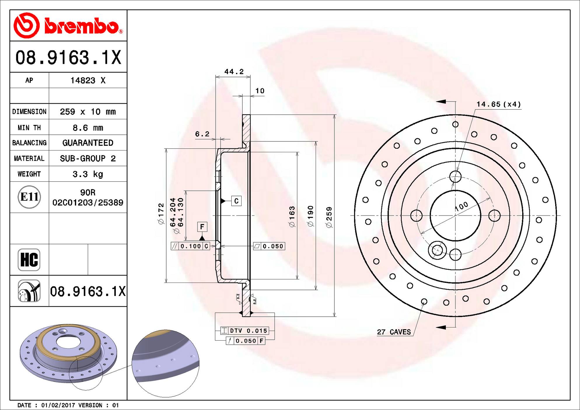 Mini Disc Brake Pad and Rotor Kit - Rear (259mm) (Low-Met) (Xtra) Brembo