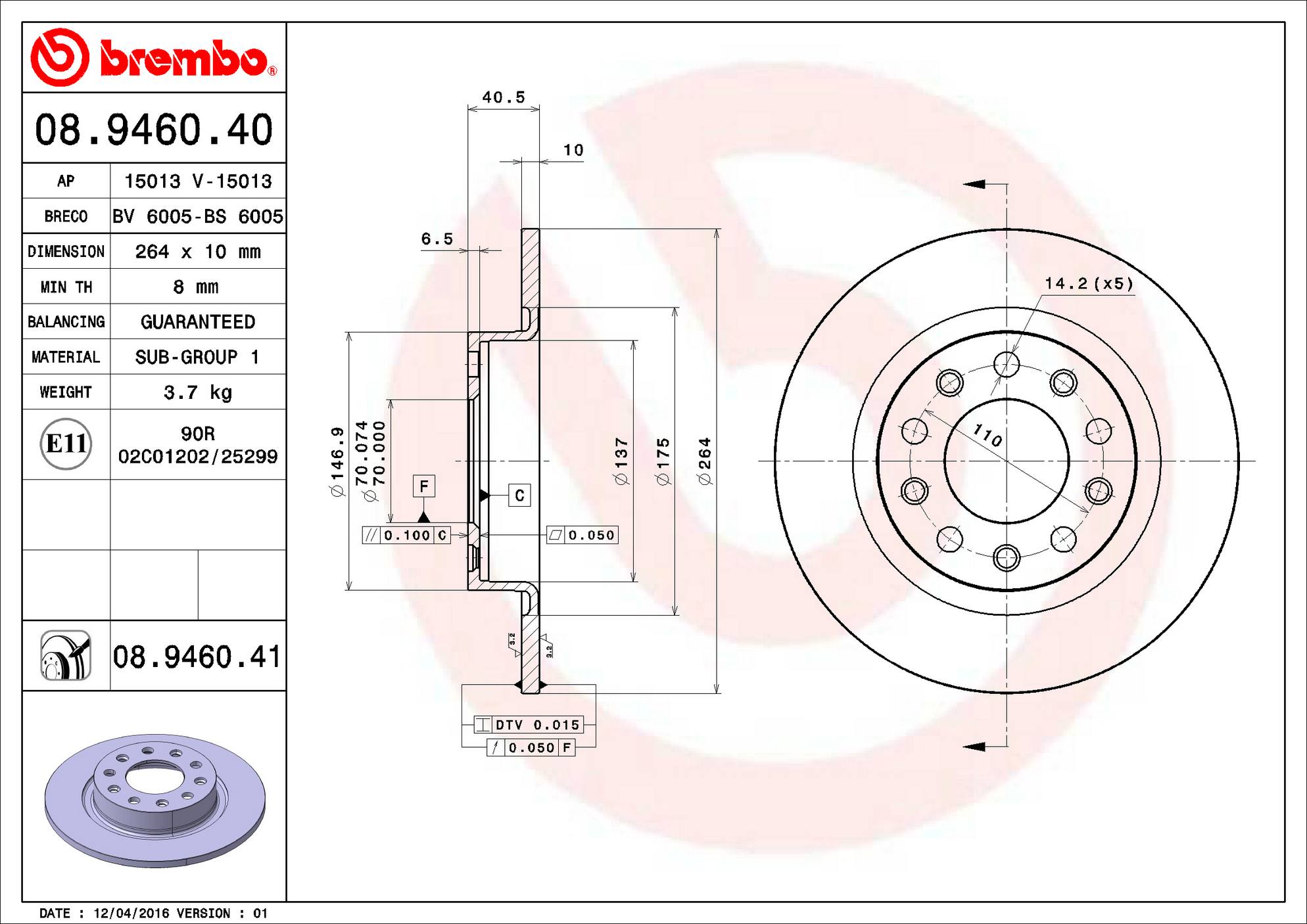 Dodge Disc Brake Rotor - Rear (264mm) 68082121AB Brembo