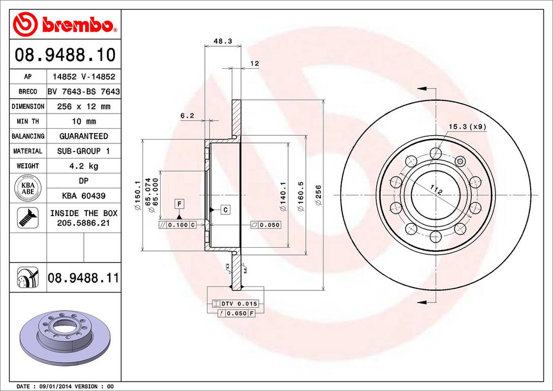 Audi Volkswagen Disc Brake Pad and Rotor Kit - Rear (260mm) (Ceramic) Brembo