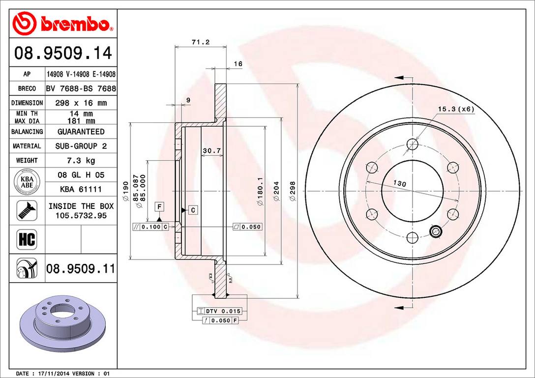 Mercedes Dodge Disc Brake Rotor - Rear (298mm) 9064230012 Brembo