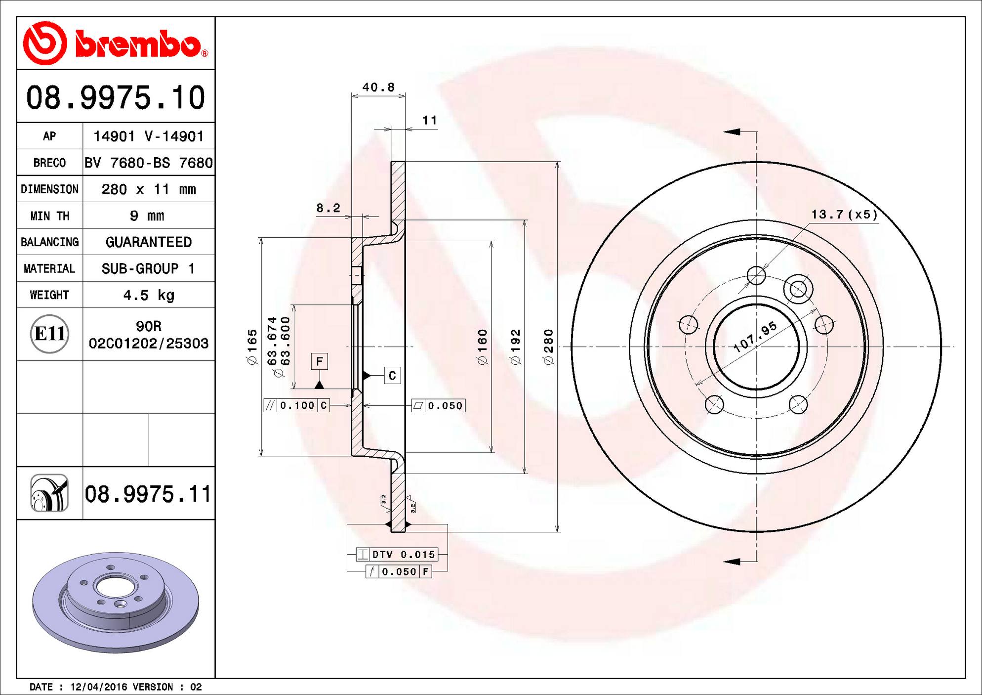 Volvo Disc Brake Rotor - Rear (280mm) 31499632 Brembo