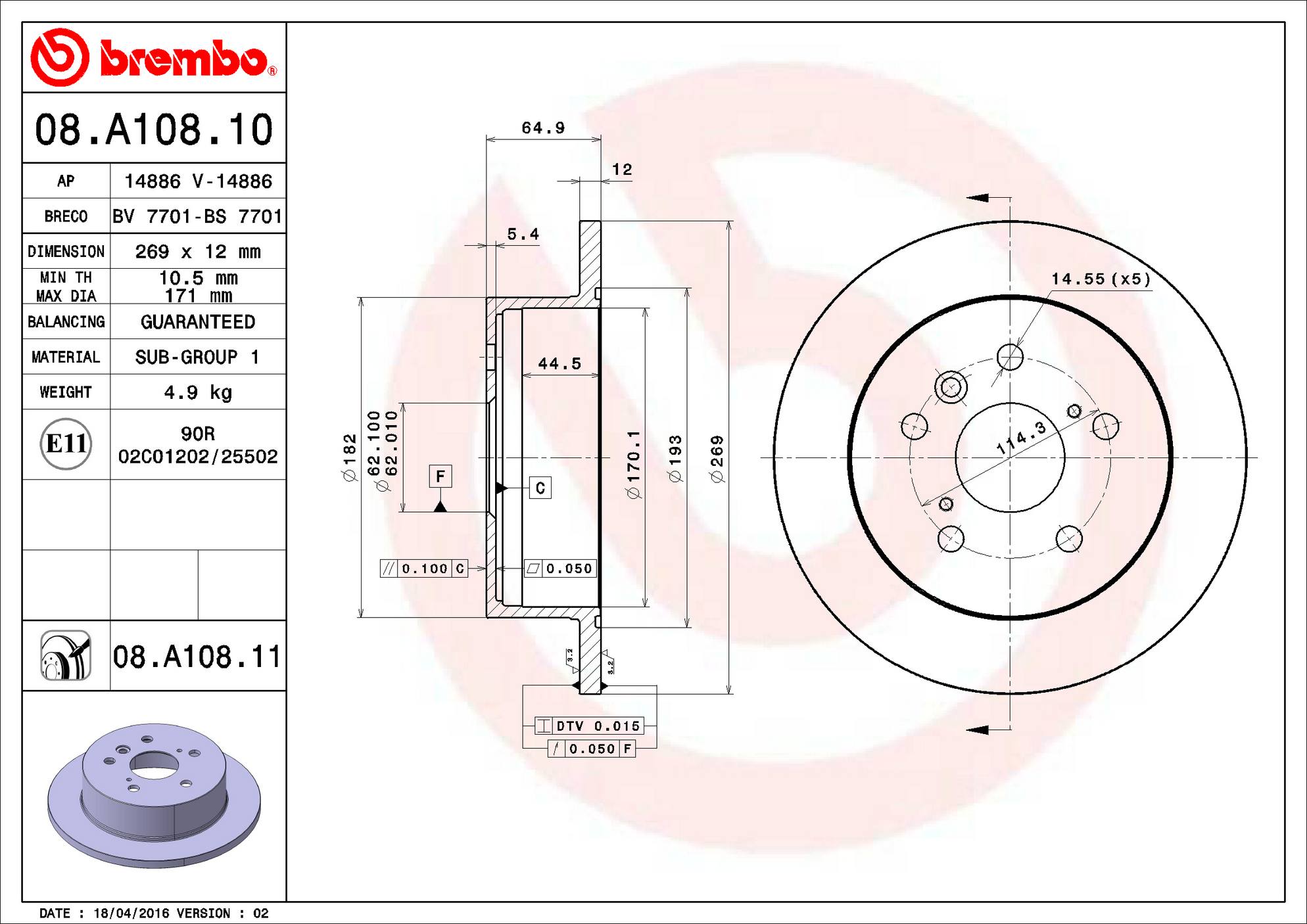 Toyota Lexus Disc Brake Pad and Rotor Kit - Rear (269mm) (Ceramic) Brembo