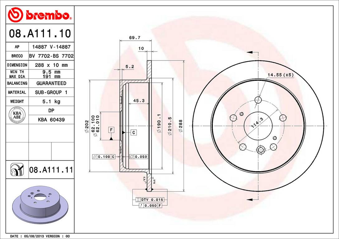 Toyota Lexus Disc Brake Rotor – Rear (288mm) 4243148041 Brembo 