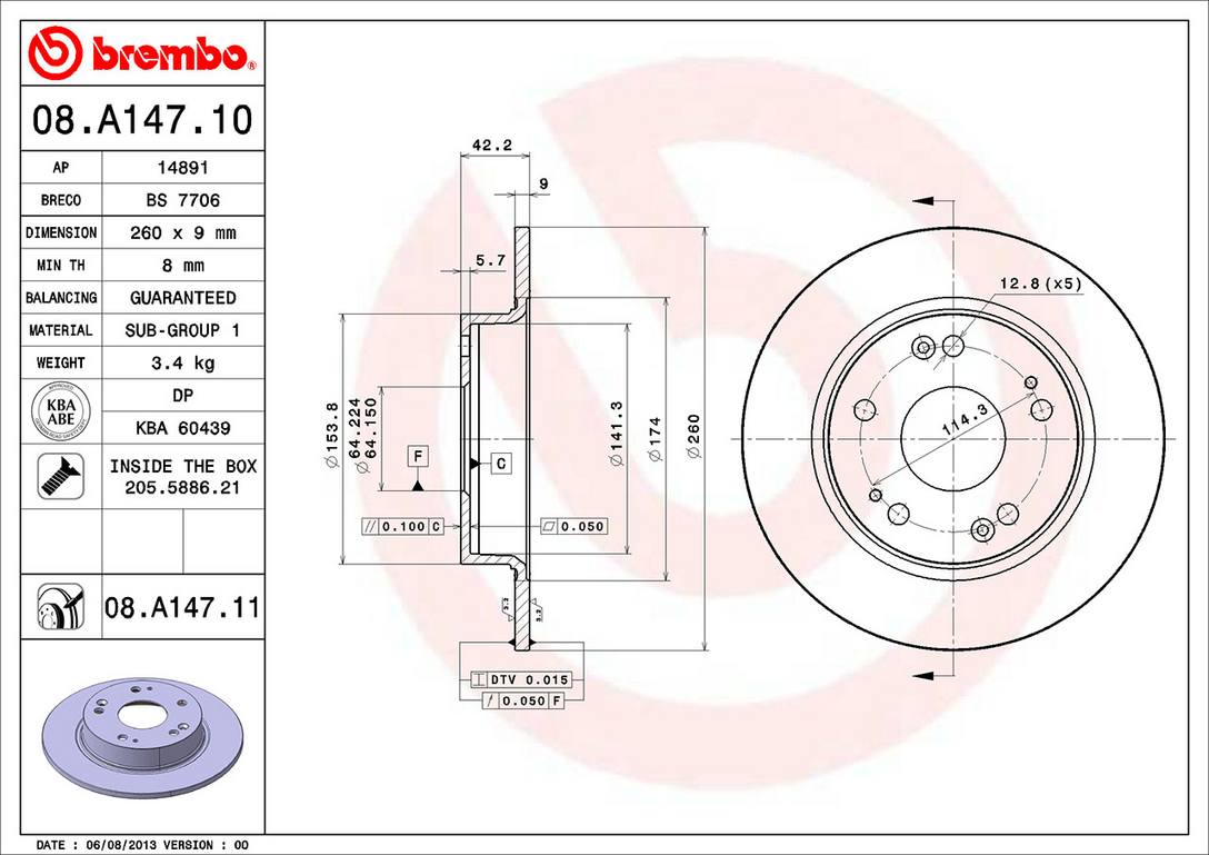 Honda Acura Disc Brake Pad and Rotor Kit - Rear (260mm) (Ceramic) Brembo