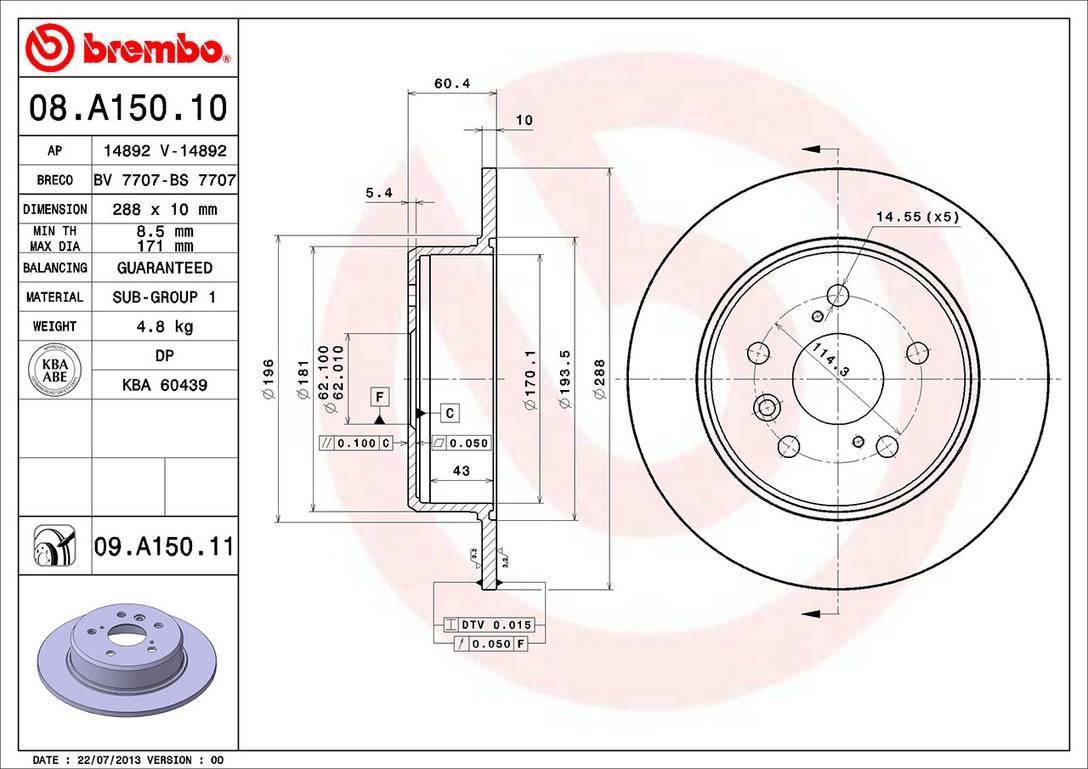 Toyota Lexus Disc Brake Rotor - Rear (288mm) 4243133080 Brembo