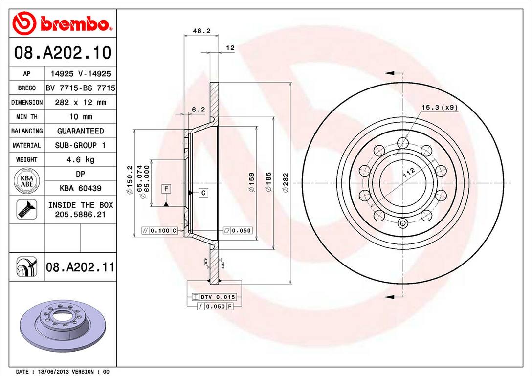 Audi Volkswagen Disc Brake Rotor - Rear (282mm) 5Q0615601G Brembo