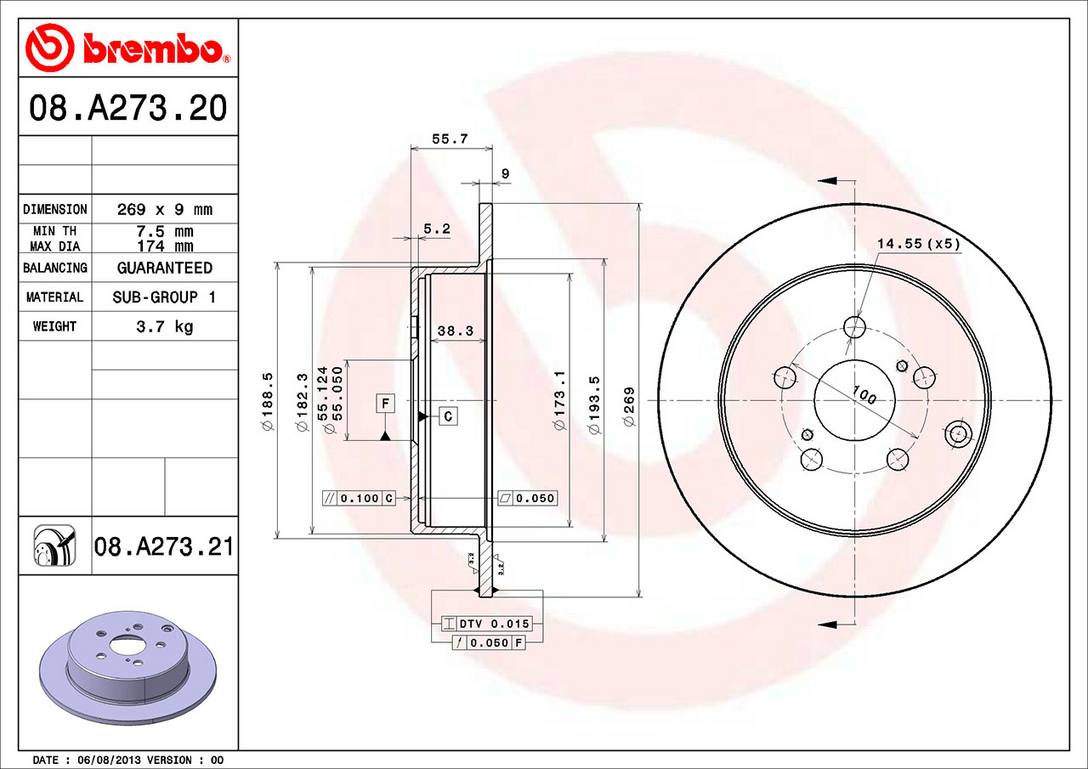 Toyota Pontiac Scion Disc Brake Rotor - Rear (269mm) 4243147030 Brembo