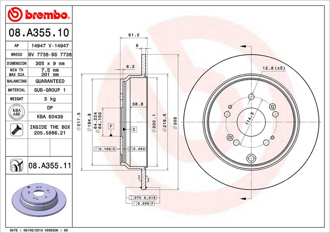 Honda Disc Brake Pad and Rotor Kit - Rear (305mm) (Ceramic) Brembo