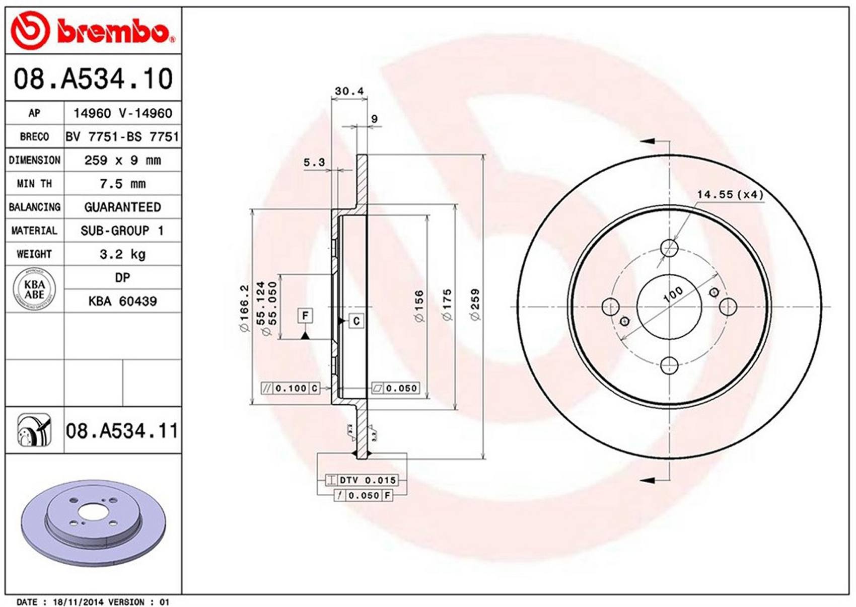 Toyota Disc Brake Rotor - Rear (259mm) 4243152080 Brembo