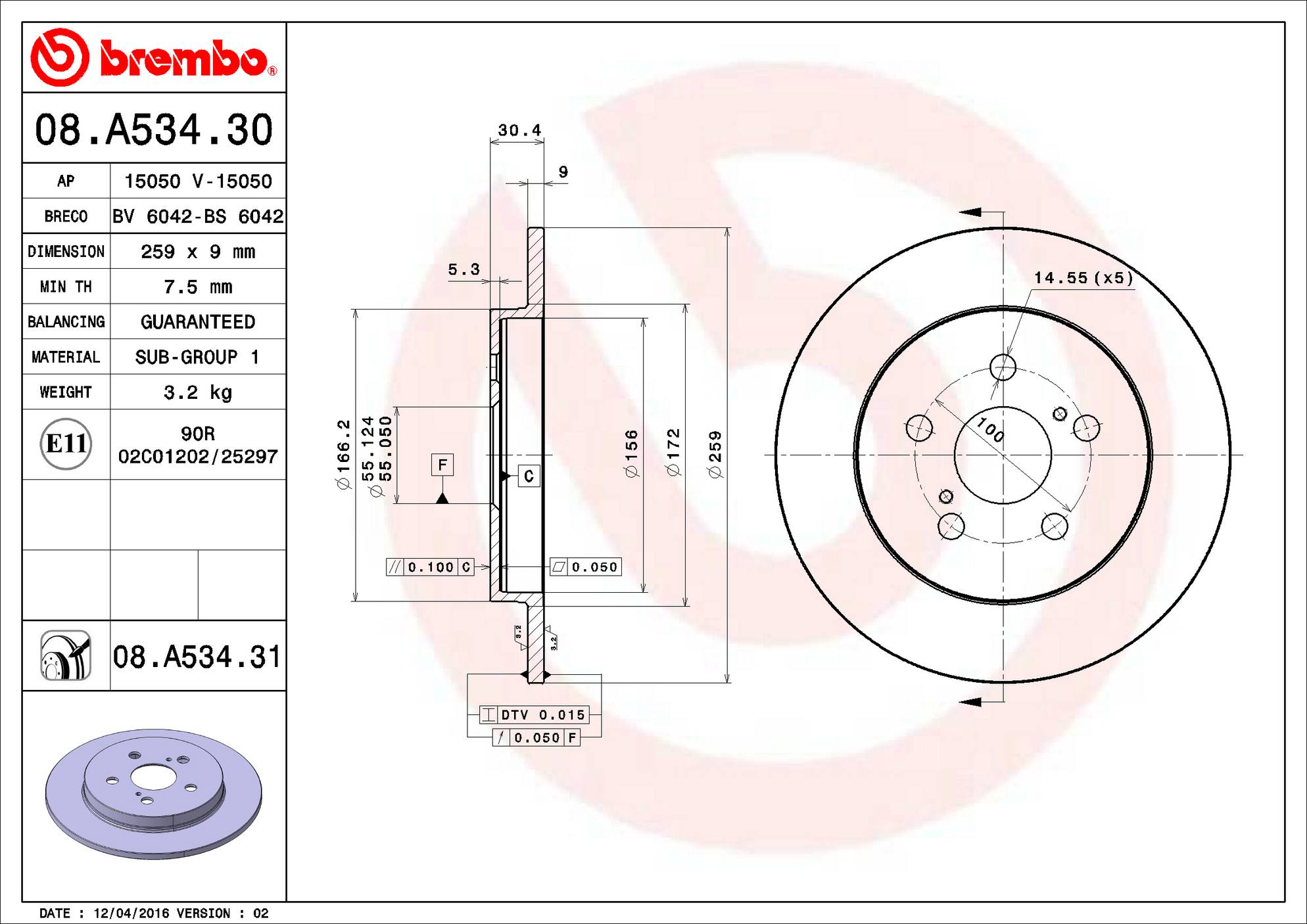 Toyota Disc Brake Pad and Rotor Kit - Rear (259mm) (Ceramic) Brembo