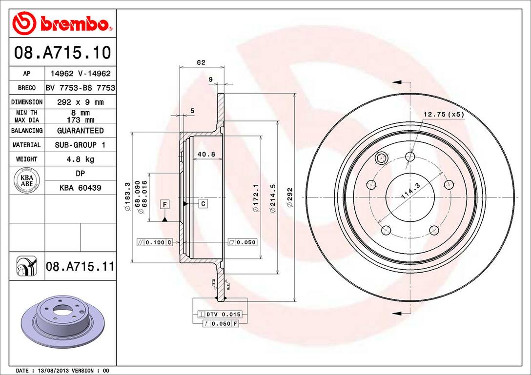 Nissan Disc Brake Rotor - Rear (291.5mm) 43206JA00B Brembo