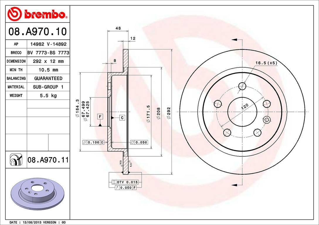 Saab Buick Chevrolet Disc Brake Rotor - Rear (292mm) 13502198 Brembo