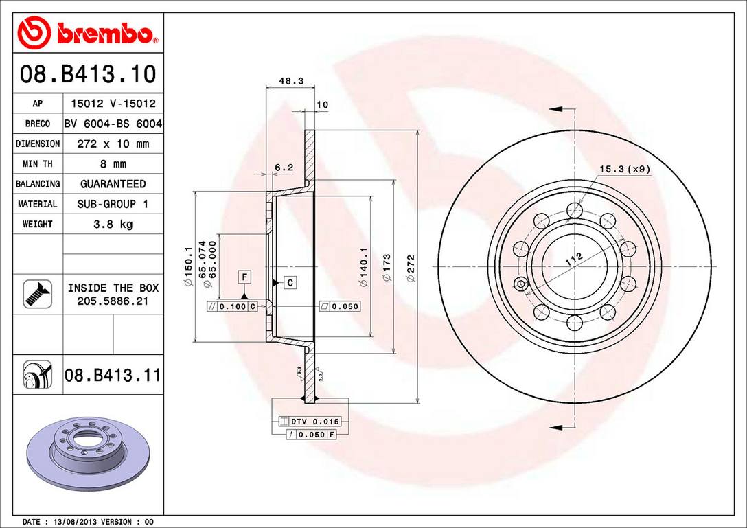 Volkswagen Disc Brake Pad and Rotor Kit - Rear (272mm) (Low-Met) Brembo