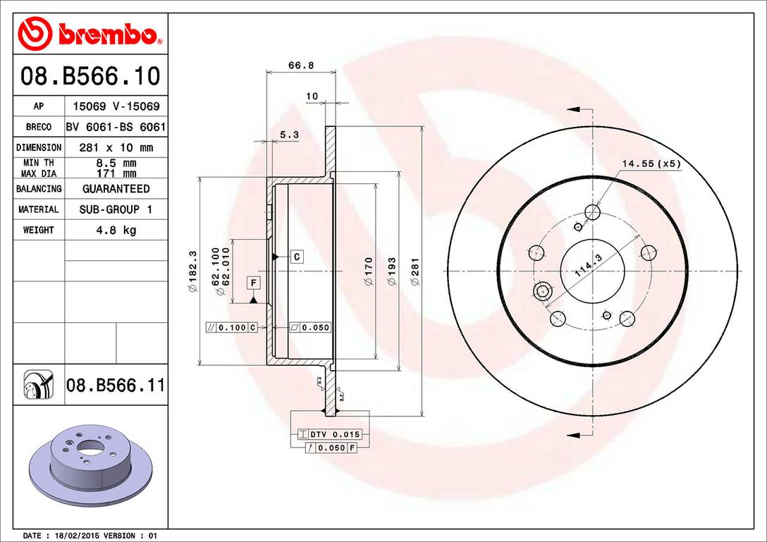 Toyota Lexus Disc Brake Pad and Rotor Kit - Rear (281mm) (Ceramic) Brembo