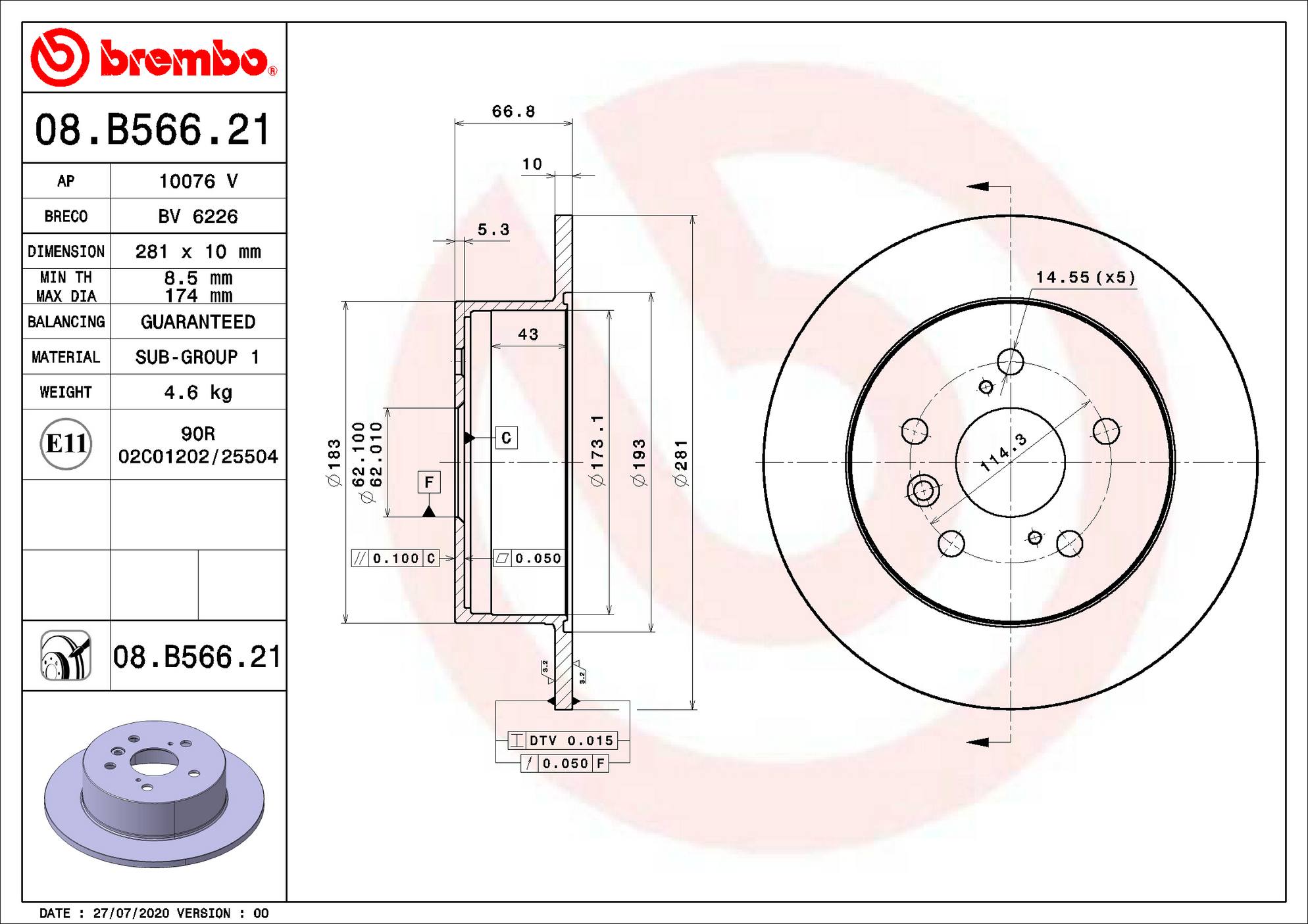 Toyota Lexus Disc Brake Rotor - Rear (281mm) 4243106120 Brembo