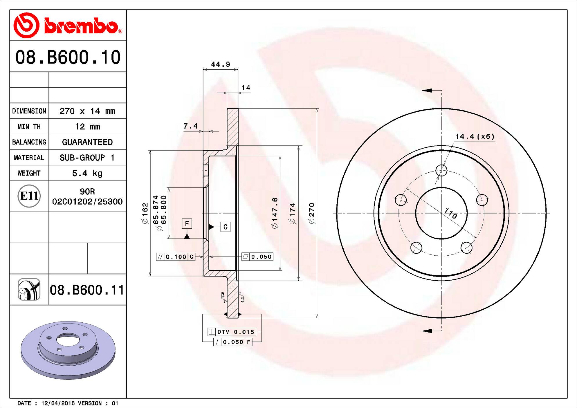 Chevrolet Pontiac Saturn Disc Brake Rotor - Rear (270mm) 19303823 Brembo