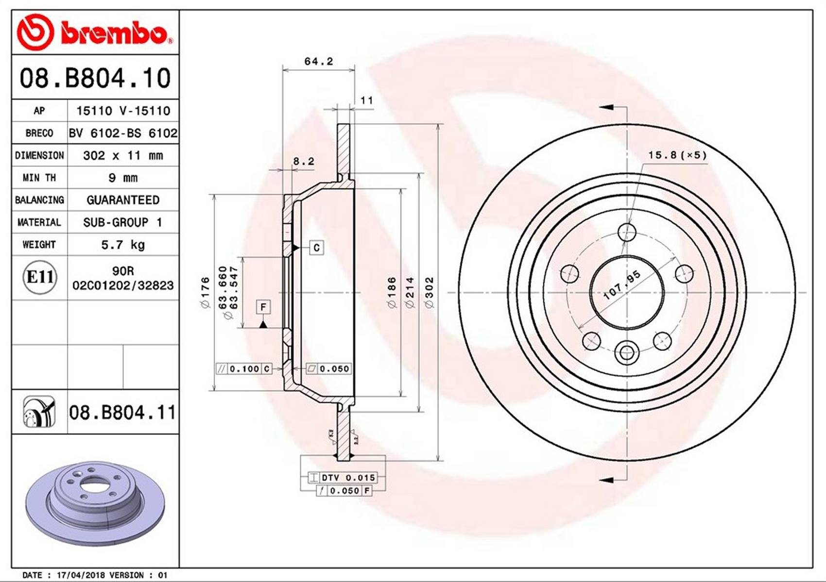 Land Rover Disc Brake Rotor - Rear (302mm) LR039935 Brembo