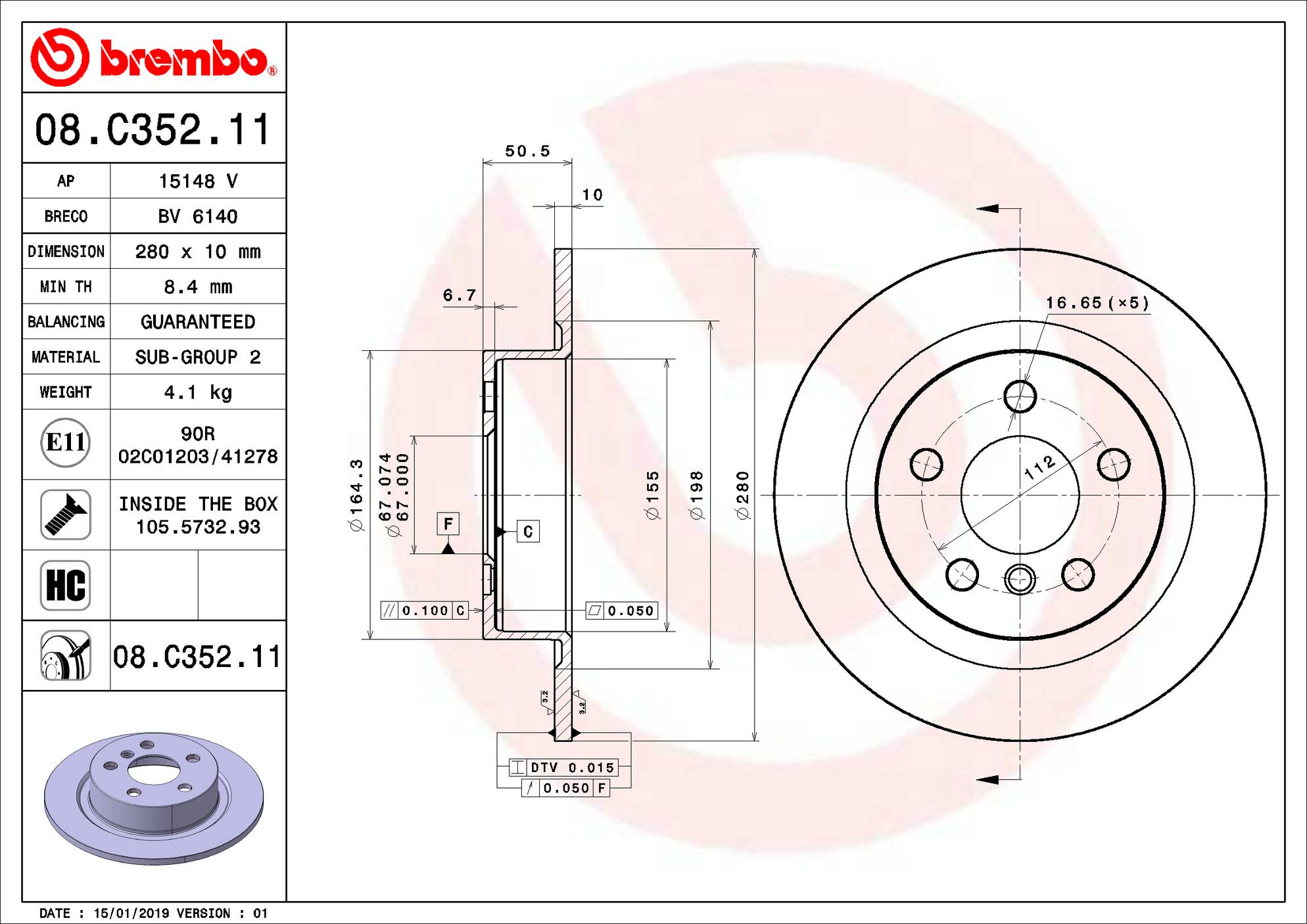 BMW Mini Disc Brake Rotor - Rear (280mm) 34216799367 Brembo