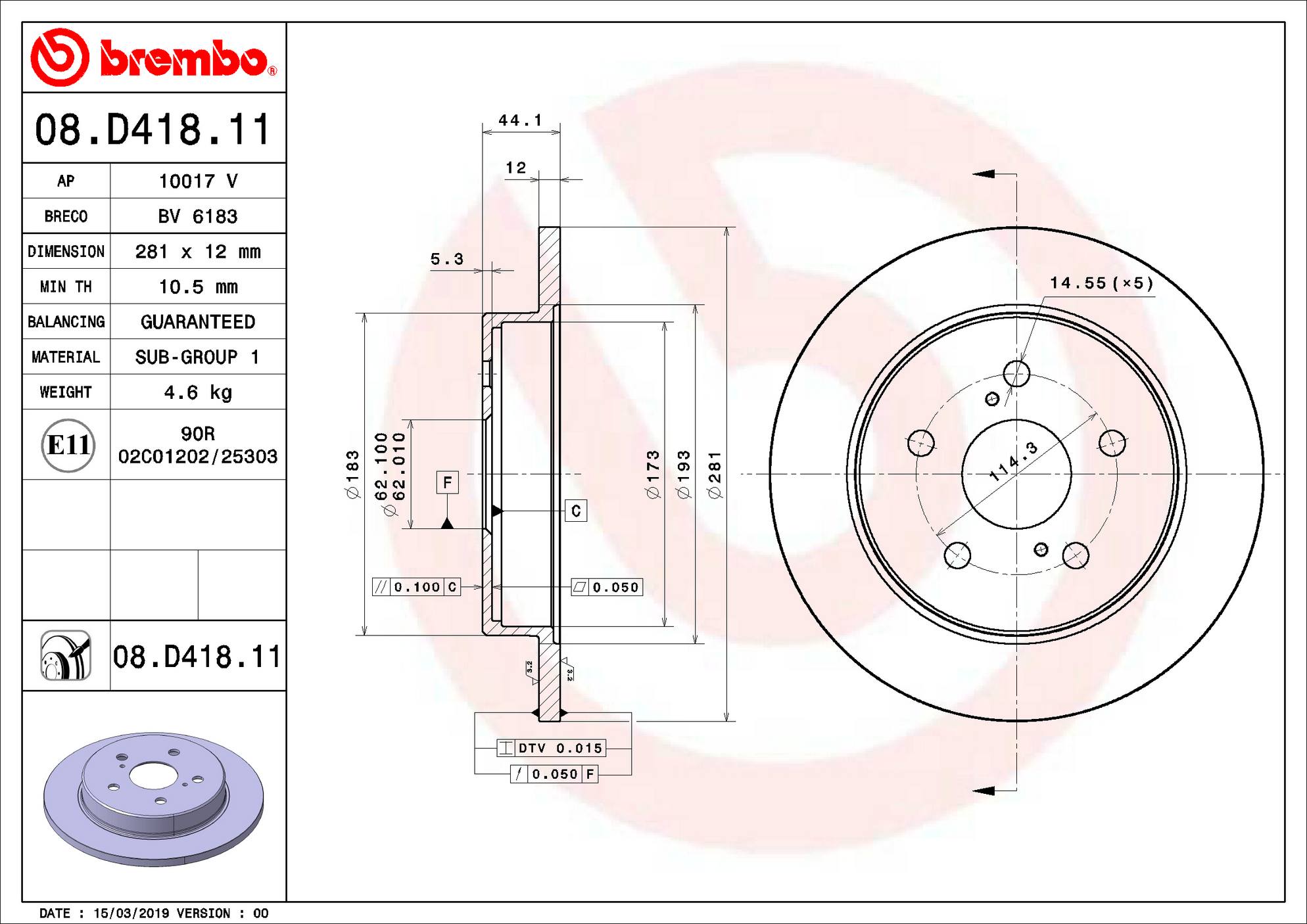 Toyota Lexus Disc Brake Rotor - Rear (281mm) 4243178010 Brembo