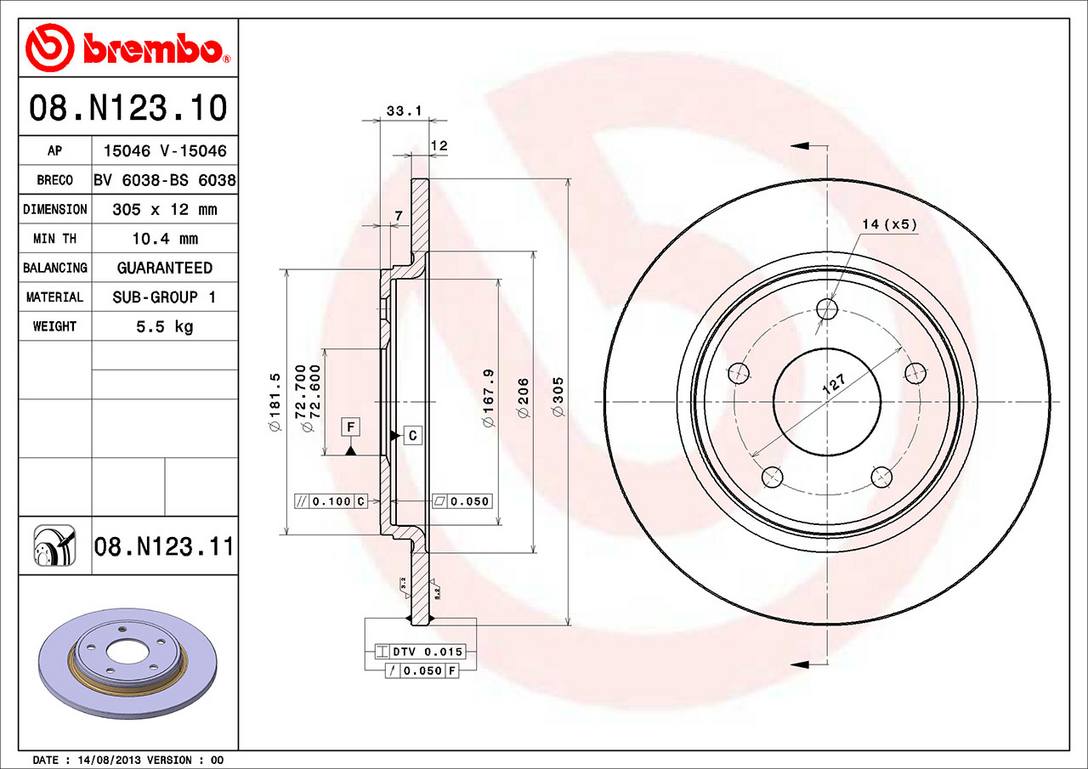 Chrysler Dodge Volkswagen Disc Brake Rotor - Rear (305mm) 7B0615601B Brembo