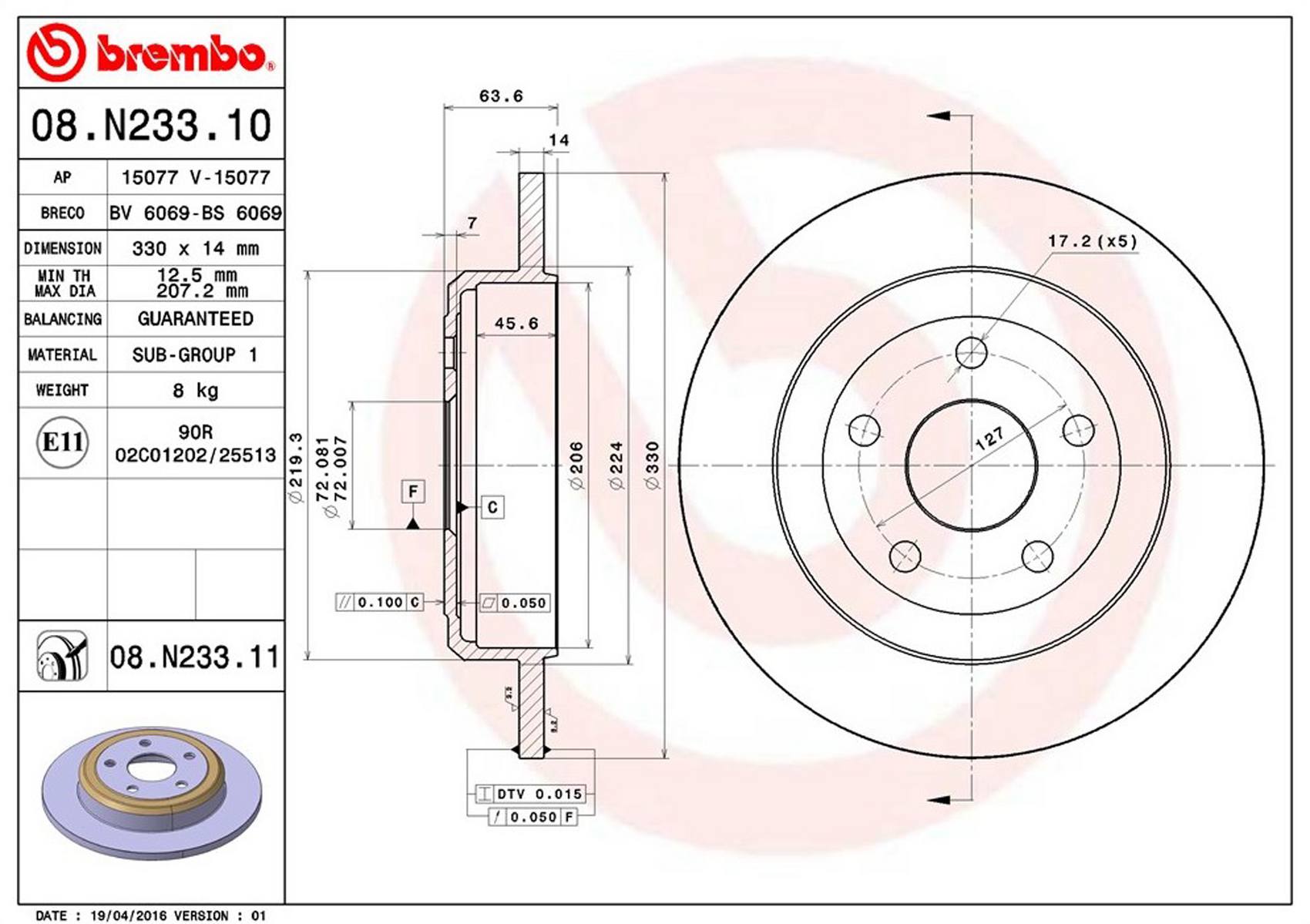 Brembo 08.N233.11 - Premium UV Coated Rear Brake Rotor