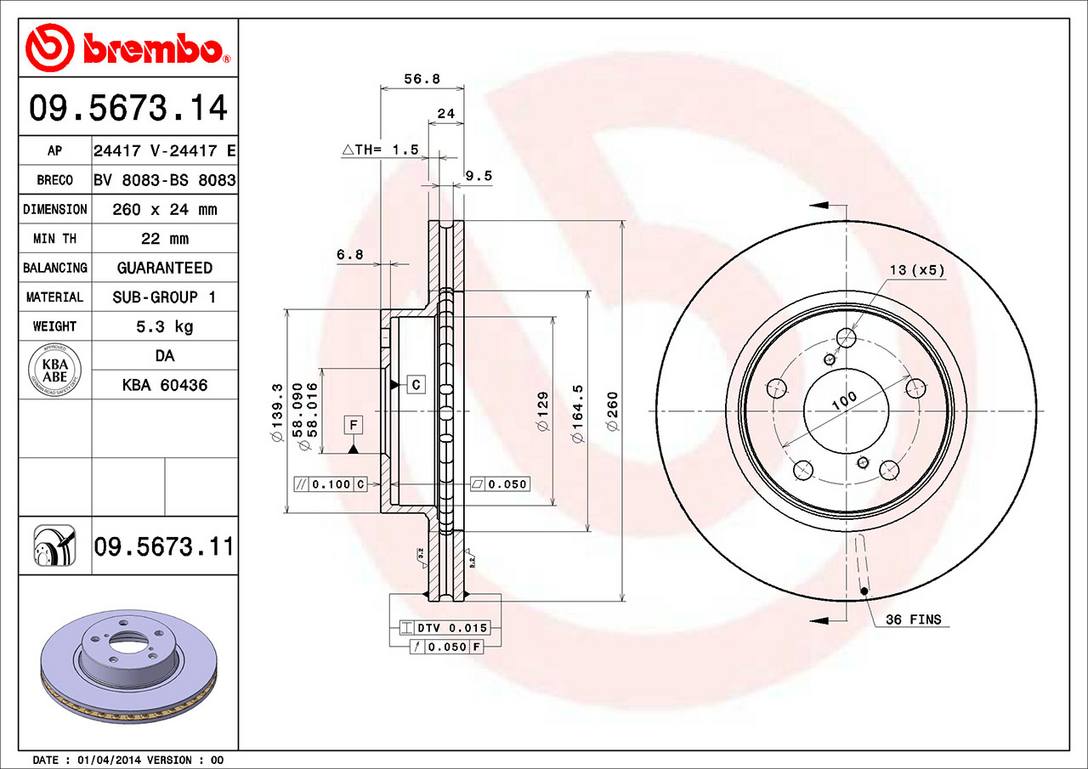 Subaru Disc Brake Rotor - Front (260mm) 26310AC06A Brembo