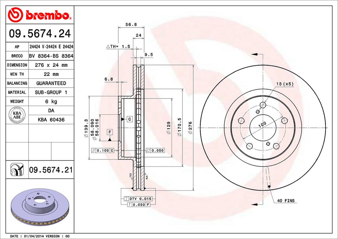 Subaru Disc Brake Pad and Rotor Kit - Front (276mm) (Ceramic) Brembo