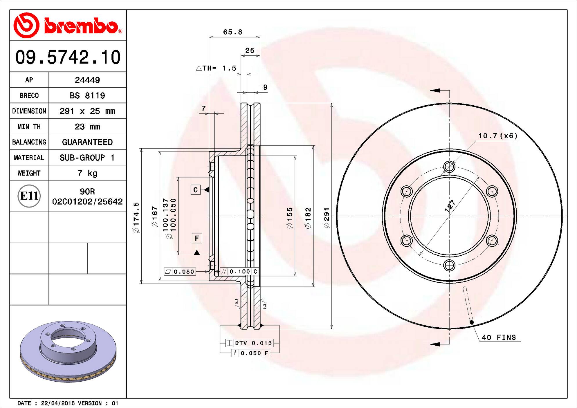 Toyota Disc Brake Rotor - Front (291mm) 4351235250 Brembo