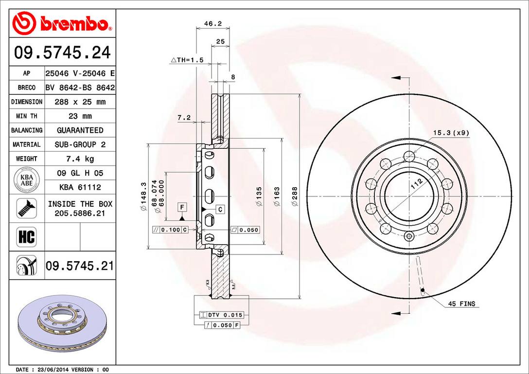 Audi Volkswagen Disc Brake Rotor - Front (288mm) 8E0615301Q Brembo