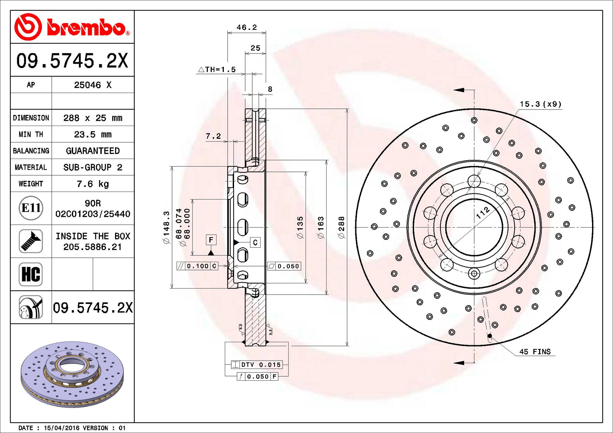 Audi Volkswagen Disc Brake Rotor - Front (288mm) 8E0615301Q Brembo