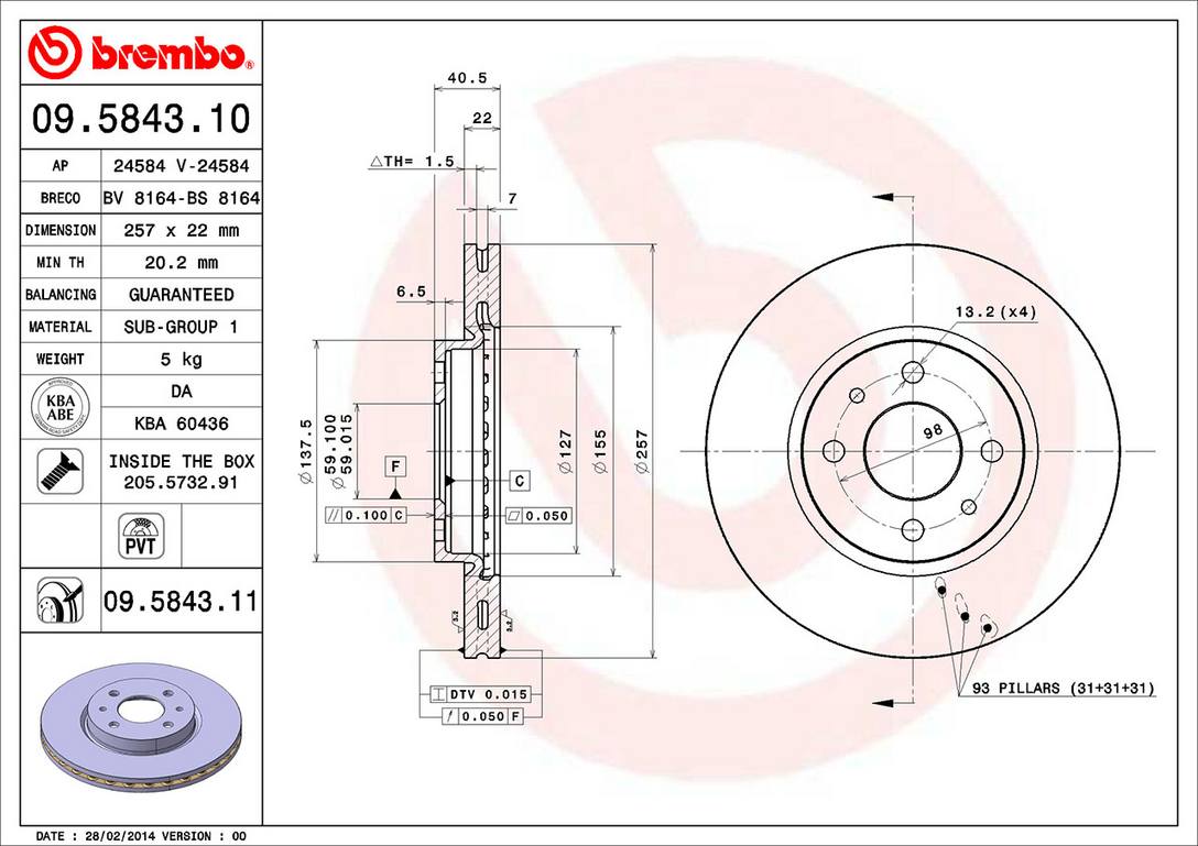 Fiat Disc Brake Rotor - Front (257mm) 5154237AA Brembo