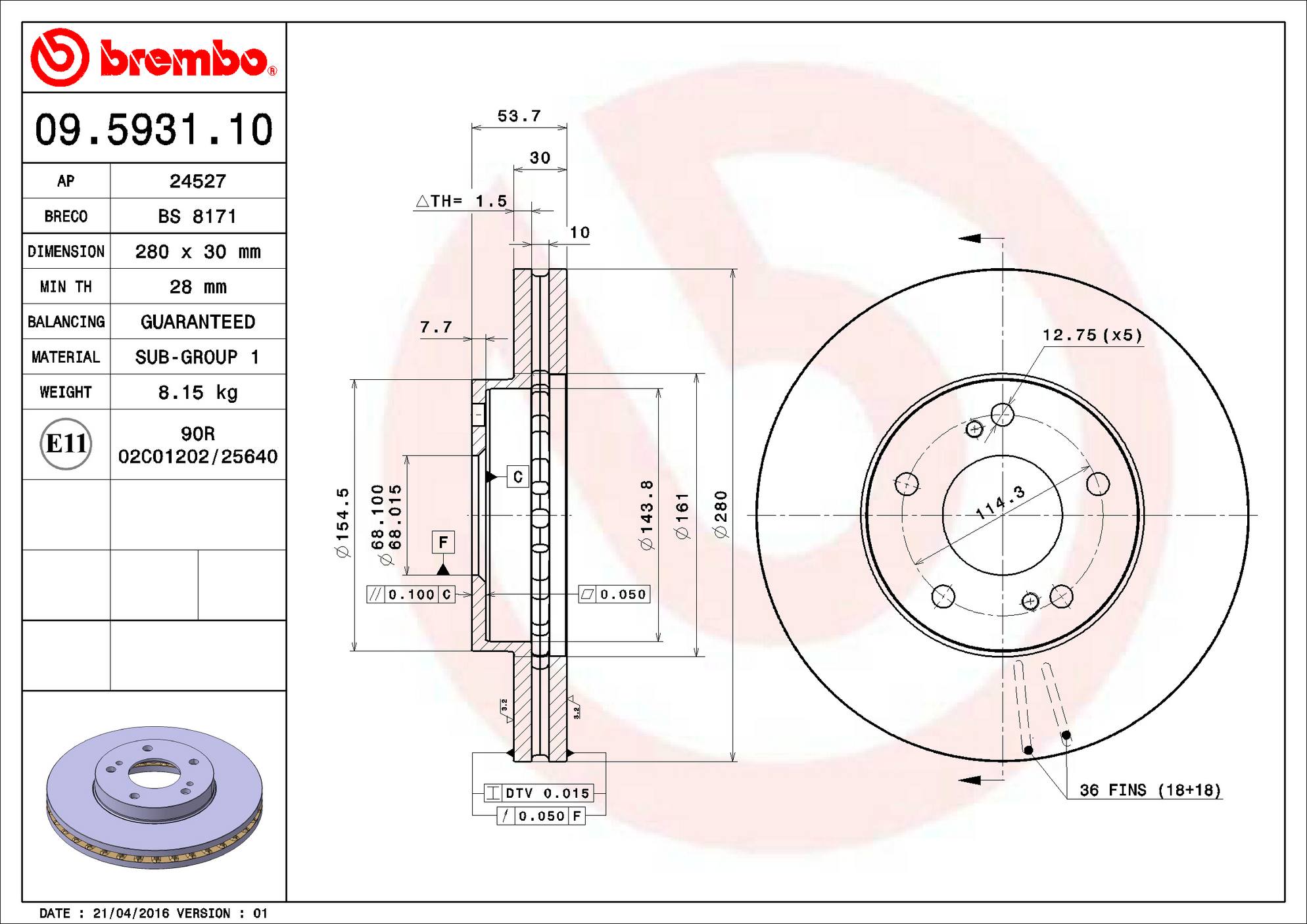 Nissan Disc Brake Rotor – Front (280mm) 4020669F00 Brembo Brembo