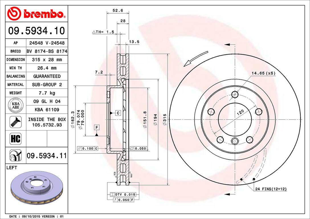 BMW Disc Brake Pad and Rotor Kit - Front (315mm) (Low-Met) Brembo