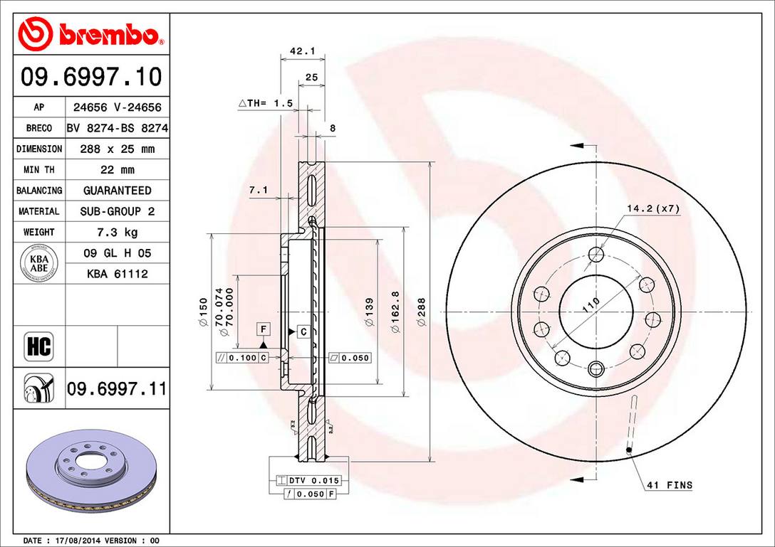 Saab Saturn Disc Brake Rotor - Front (288mm) 5390786 Brembo