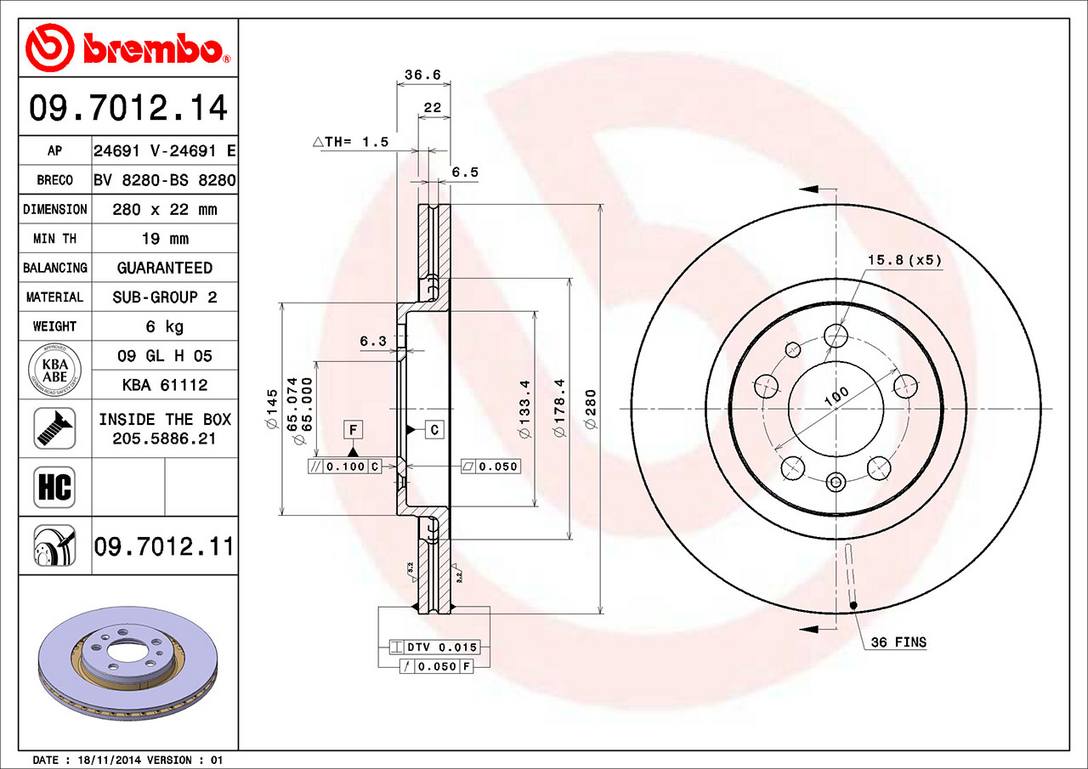 Volkswagen Disc Brake Rotor – Front (280mm) 1J0615301P Brembo