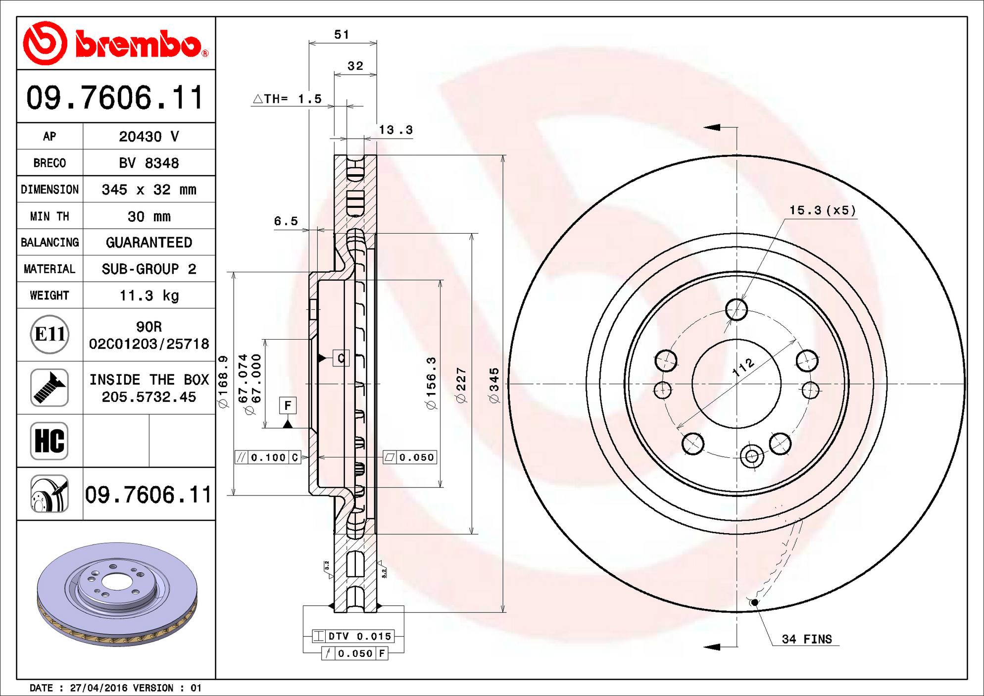 Mercedes Disc Brake Rotor - Front (345mm) 1634210512 Brembo