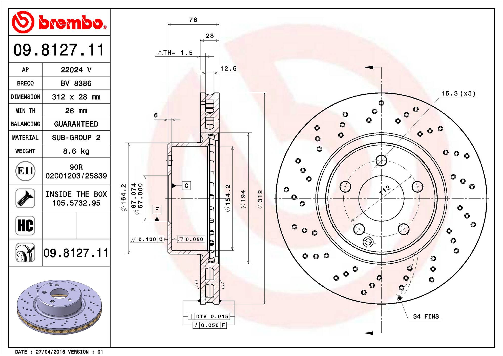 Mercedes Disc Brake Rotor - Front (312mm) 2204210912 Brembo