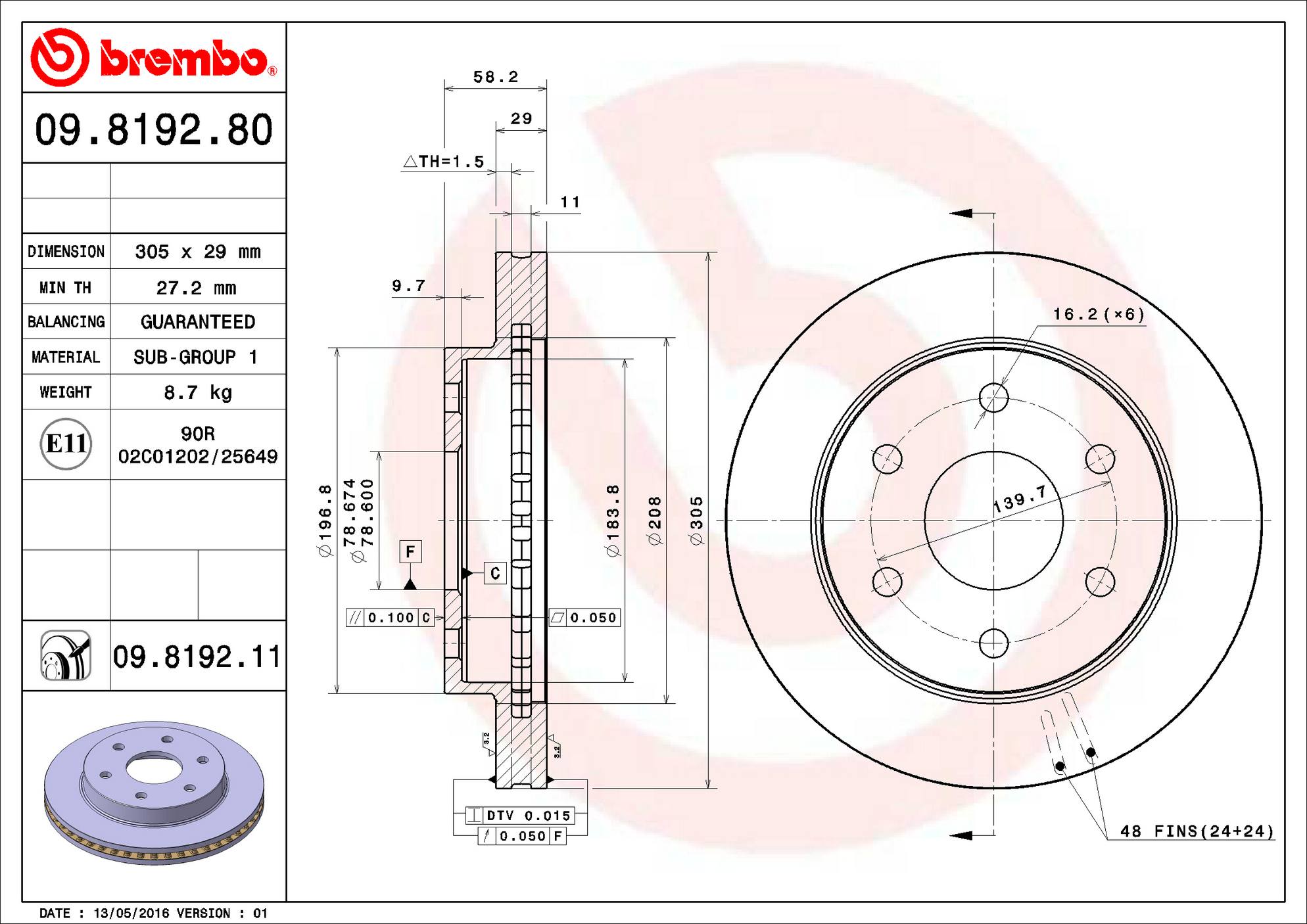 GMC Cadillac Chevrolet Disc Brake Rotor - Front (305mm) 19210603 Brembo