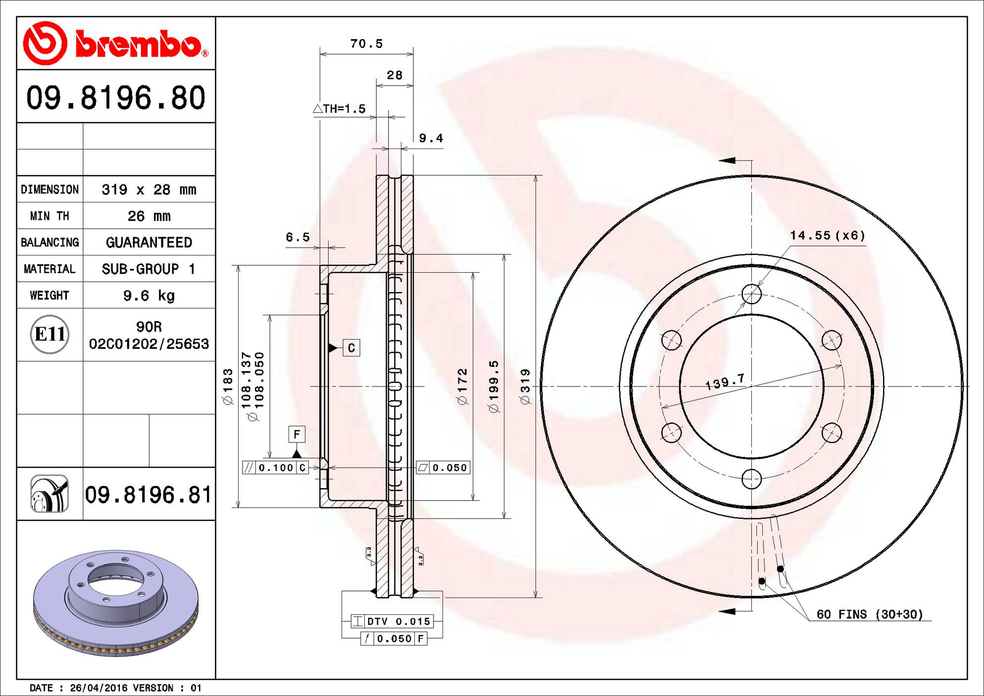 Toyota Disc Brake Rotor - Front (318.75mm) 435120C011 Brembo