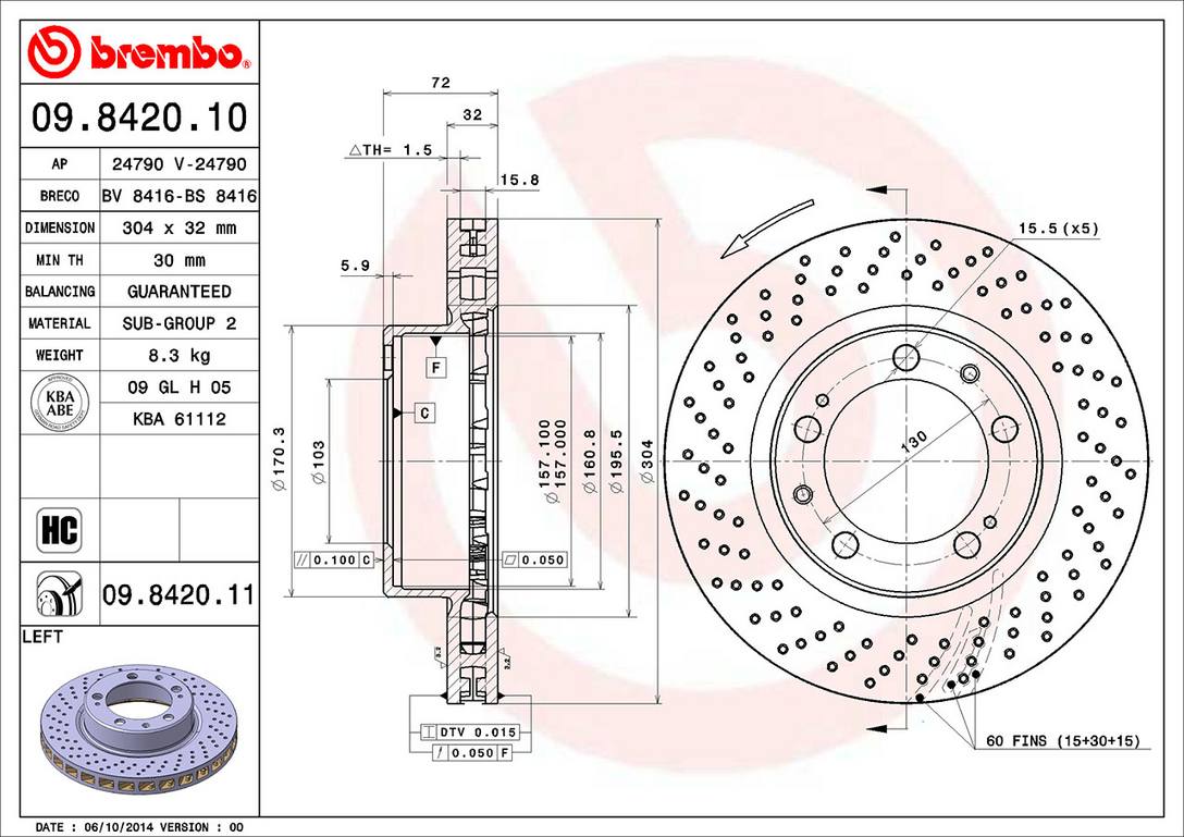 Porsche Disc Brake Rotor - Front Driver Side (304mm) 99335104301 Brembo