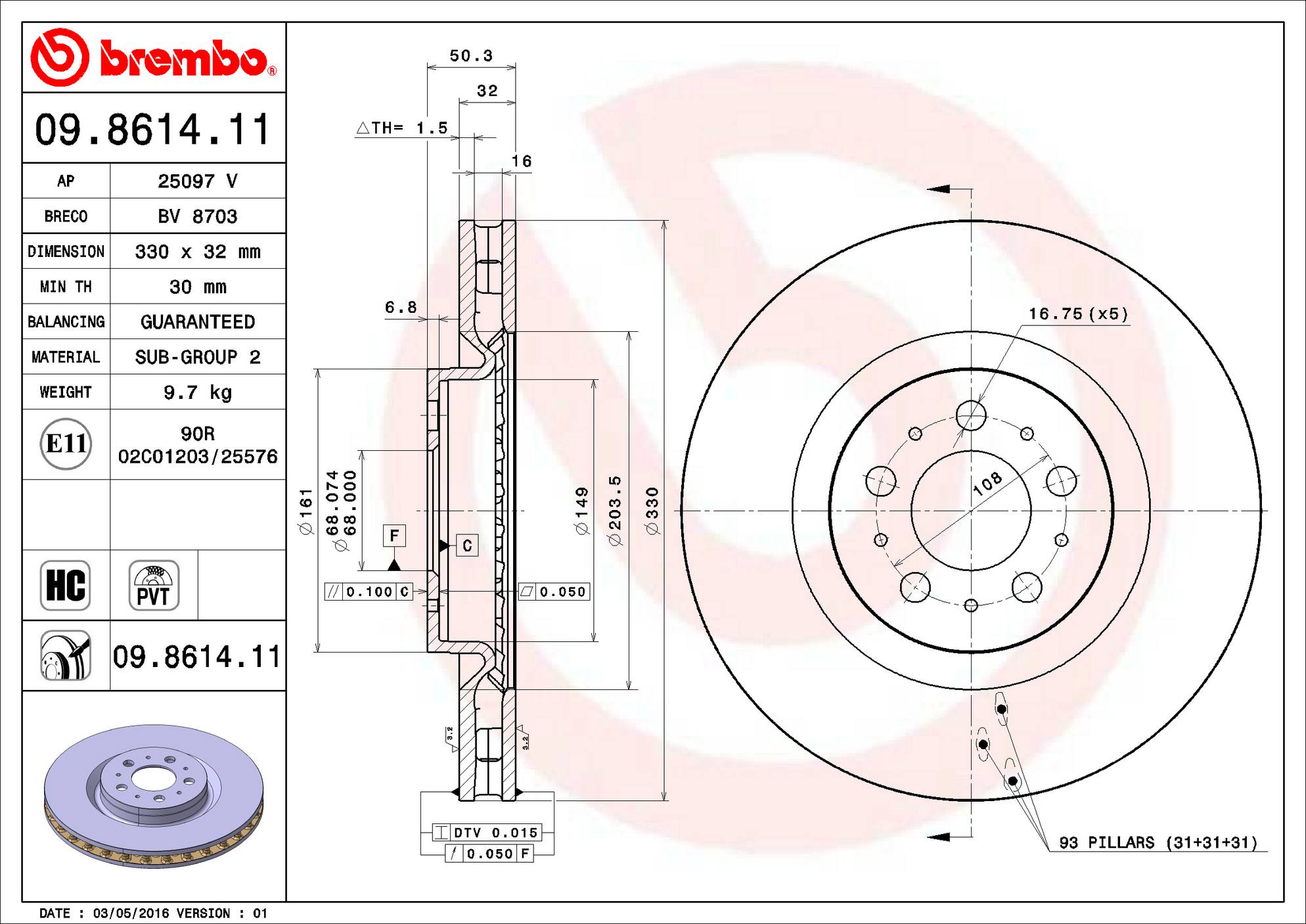 Volvo Disc Brake Rotor - Front (330mm) 30645222 Brembo