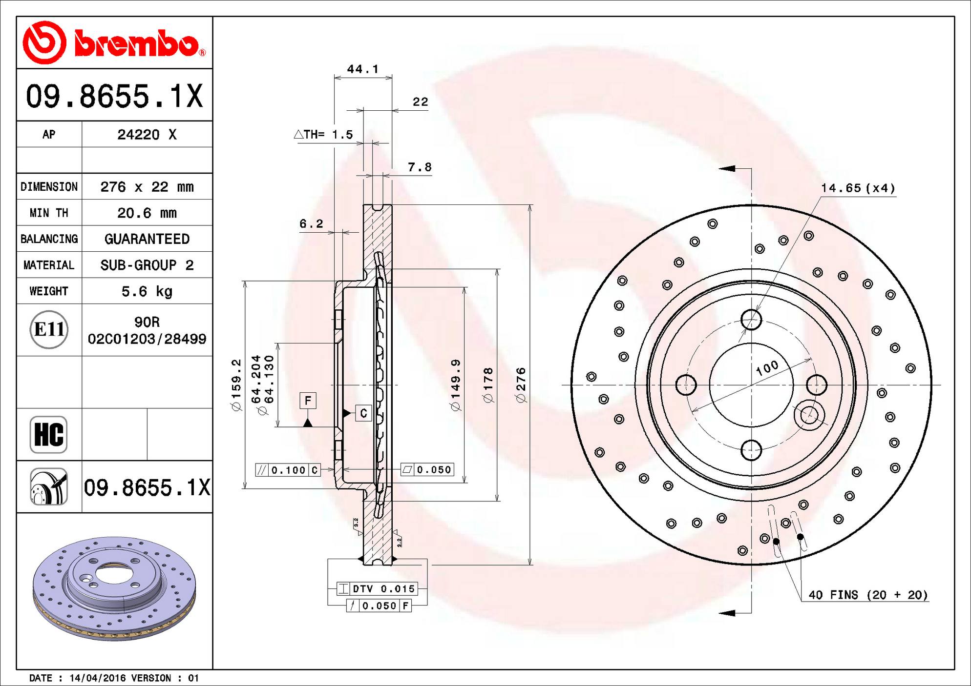 Mini Disc Brake Pad and Rotor Kit - Front (276mm) (Ceramic) (Xtra) Brembo