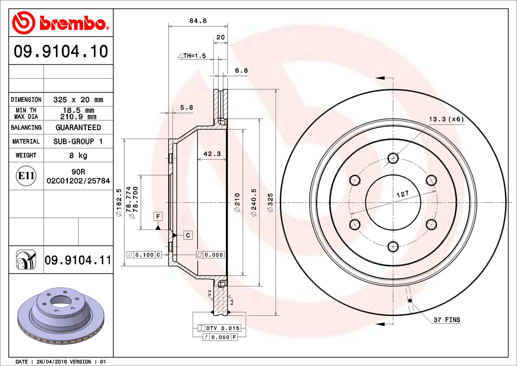 Buick Chevrolet GMC Disc Brake Rotor - Rear (325mm) 15134671 Brembo