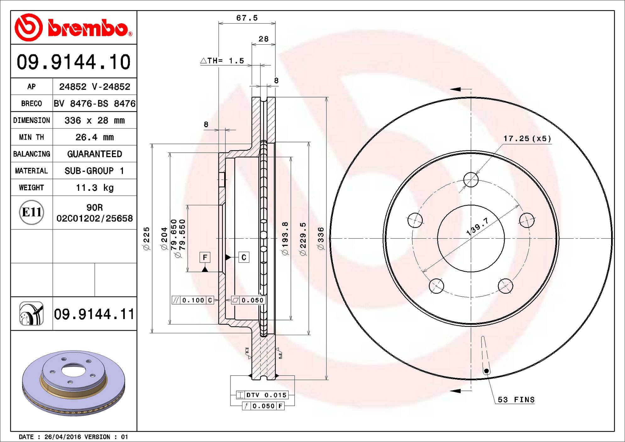 Ram Chrysler Dodge Disc Brake Rotor - Front (336mm) 52010080AI Brembo