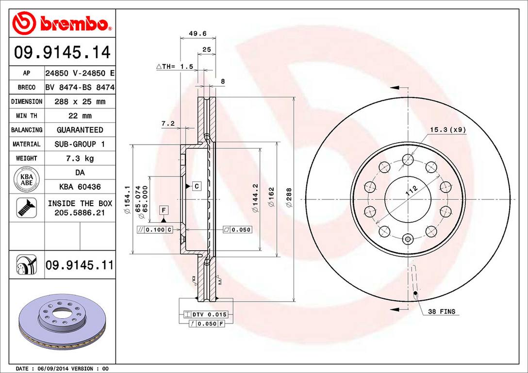 Audi Volkswagen Disc Brake Pad and Rotor Kit - Front (288mm) (Low-Met) Brembo