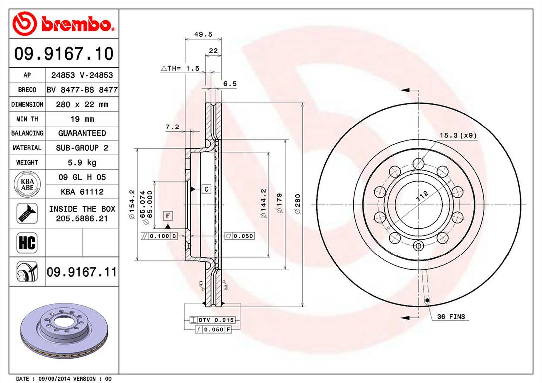 Volkswagen Disc Brake Rotor - Front (280mm) 5C0615301C Brembo