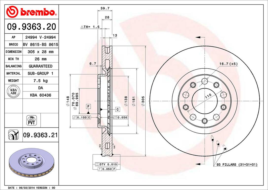 Chrysler Dodge Disc Brake Rotor - Front (305mm) 68242624AA Brembo