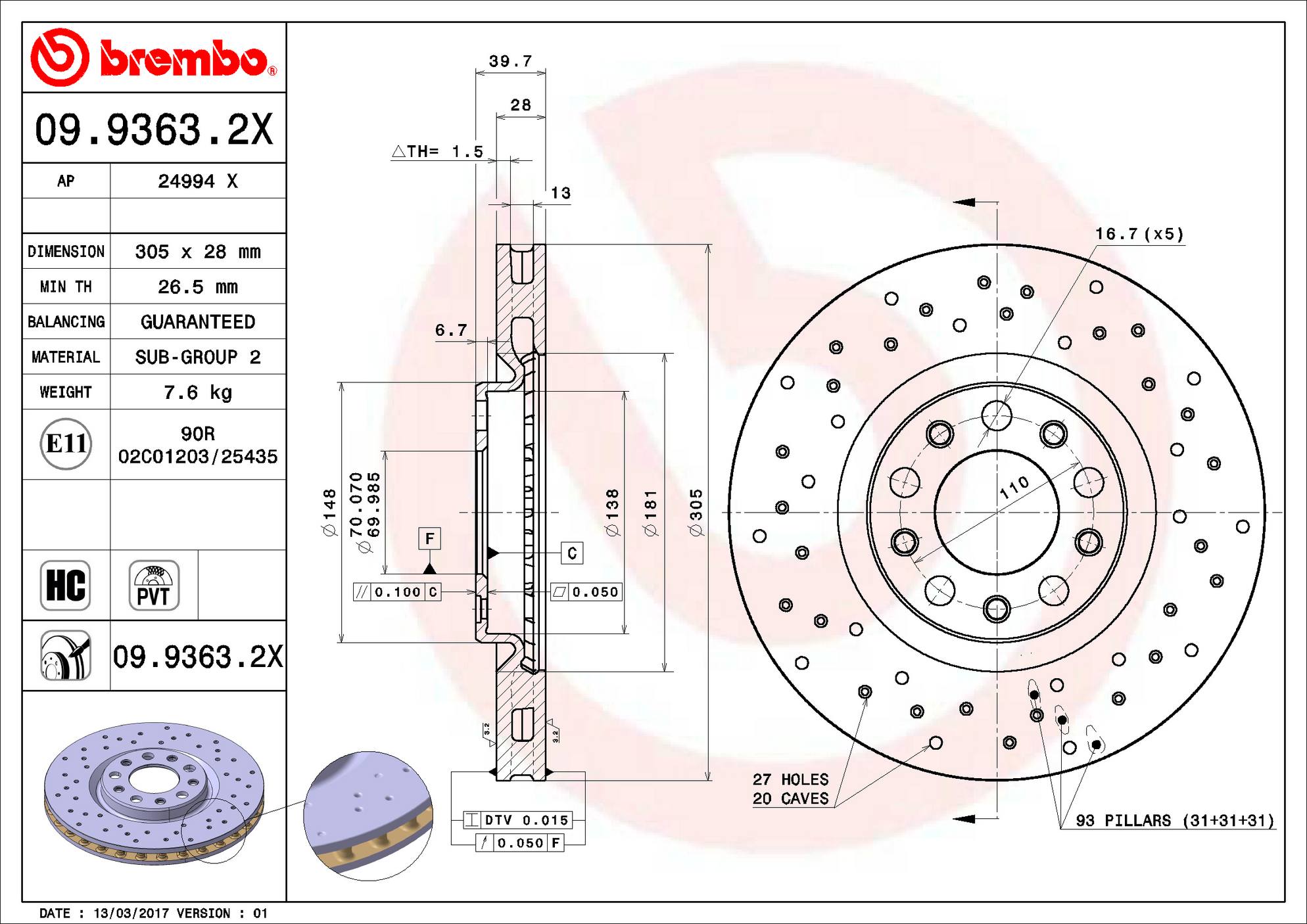 Chrysler Dodge Disc Brake Rotor - Front (305mm) 68242624AA Brembo