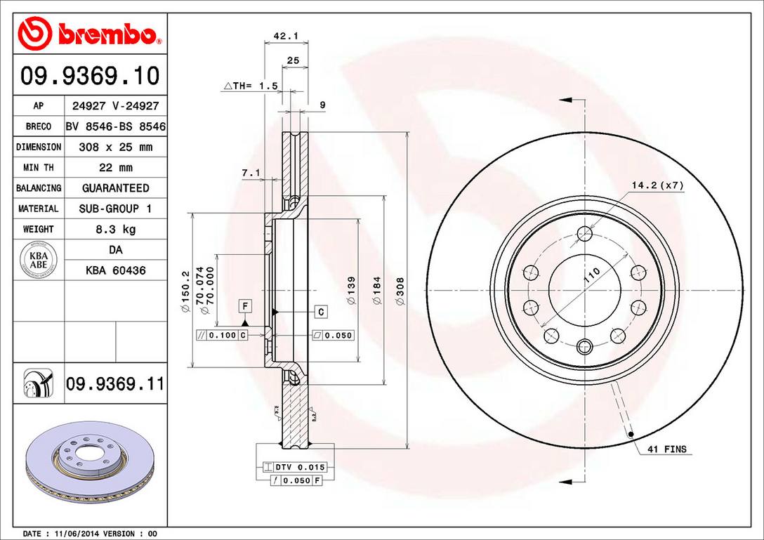 Saab Saturn Disc Brake Rotor - Front (308mm) 9194477 Brembo